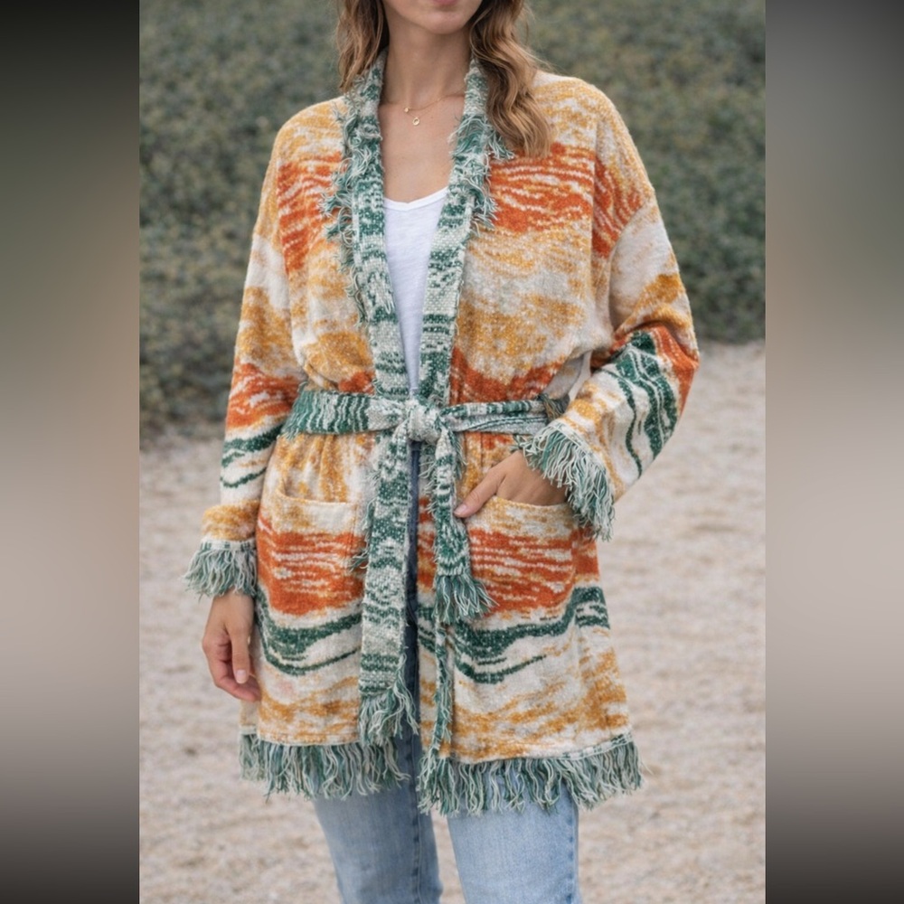 Colorful Fringe Cardigan Space Dye Cashmere Blend Large Boho Western